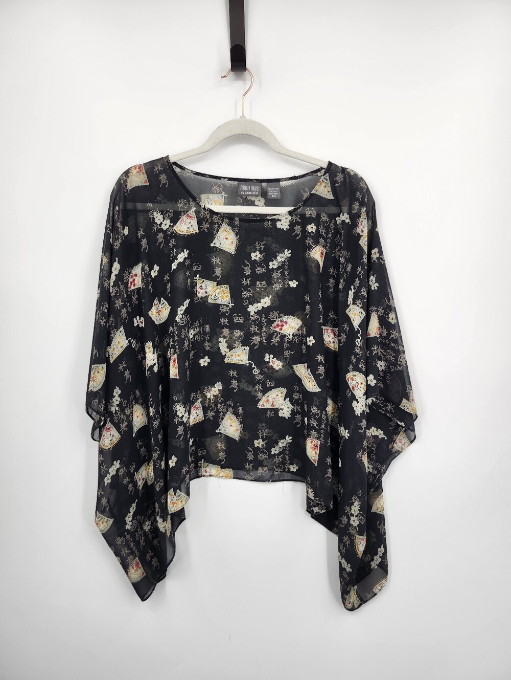 Additions by Chico's Poncho / Batwing Blouse Round Neck Black Asian print Sz M/L